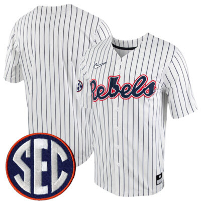 Ole Miss Rebels Baseball White Pinstripe Full Button Jersey - All Stitched