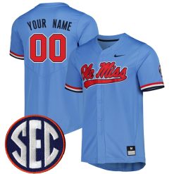 Custom Ole Miss Rebels Baseball Powder Blue Full Button Jersey - All Stitched