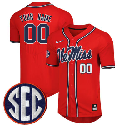 Custom Ole Miss Rebels Baseball Red Full Button Jersey - All Stitched
