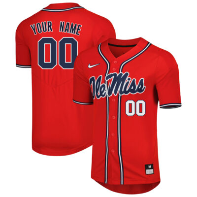 Custom Ole Miss Rebels Baseball Red Full Button Jersey - All Stitched