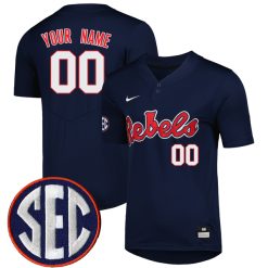 Custom Ole Miss Rebels Baseball Navy Full Button Jersey - All Stitched