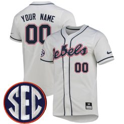Custom Ole Miss Rebels Baseball White Full Button Jersey - All Stitched