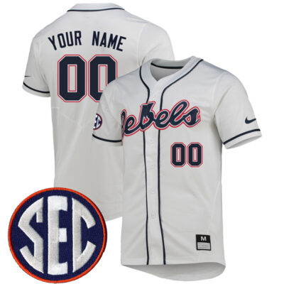 Custom Ole Miss Rebels Baseball White Full Button Jersey - All Stitched
