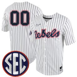 Custom Ole Miss Rebels Baseball White Pinstripe Full Button Jersey - All Stitched