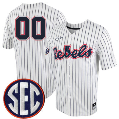 Custom Ole Miss Rebels Baseball White Pinstripe Full Button Jersey - All Stitched