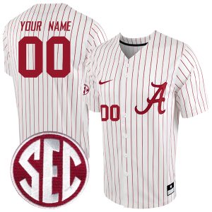 Custom Alabama Crimson Tide Baseball White Pinstripe Jersey w/ SEC Patch - All Stitched