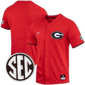 Georgia Bulldogs Baseball Red Full Button Jersey w/ SEC Patch - All Stitched