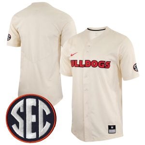 Georgia Bulldogs Baseball Natural Full Button Jersey w/ SEC Patch - All Stitched