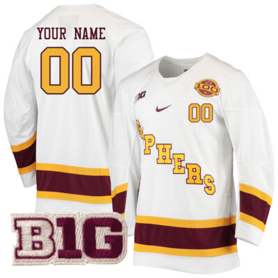Custom Minnesota Golden Gophers Hockey White 100th Season Jersey - All Stitched