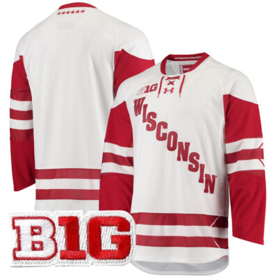 Wisconsin Badgers Hockey White UA Jersey w/ B1G Patch - All Stitched