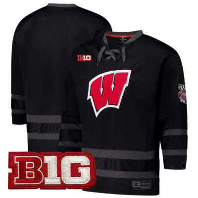 Wisconsin Badgers Hockey Colosseum Black Jersey w/ B1G Patch - All Stitched