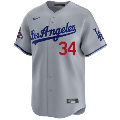 Alternative view of Fernando Valenzuela Los Angeles Dodgers Grey Road Limited Jersey - All Stitched