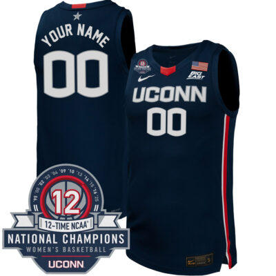 Custom UConn Huskies Basketball Navy Jersey w/ 12-Time National Champs Patch - All Stitched