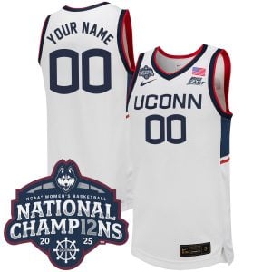 Custom UConn Huskies Basketball White Jersey w/ 2025 National Champions Patch - All Stitched