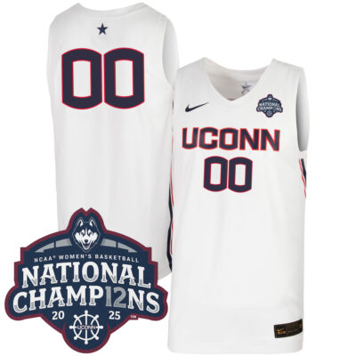 Custom UConn Huskies Basketball White Jersey w/ 2025 National Champions Patch - All Stitched