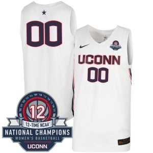 Custom UConn Huskies Basketball White Jersey w/ 12-Time National Champs Patch - All Stitched