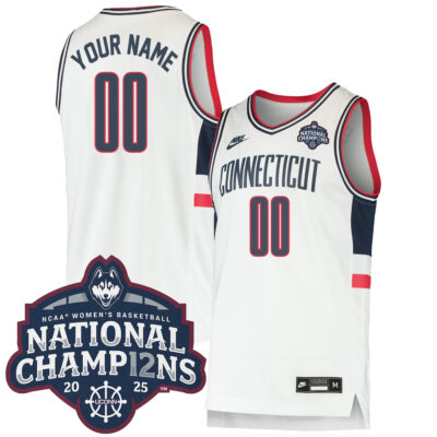Custom UConn Huskies Basketball White Throwback Jersey w/ 2025 National Champions Patch - All Stitched