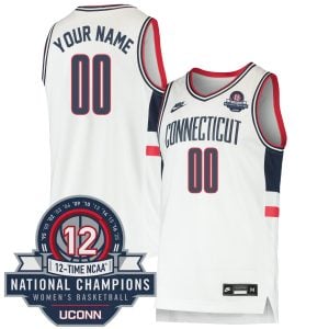 Custom UConn Huskies Basketball White Throwback Jersey w/ 12-Time National Champs Patch - All Stitched