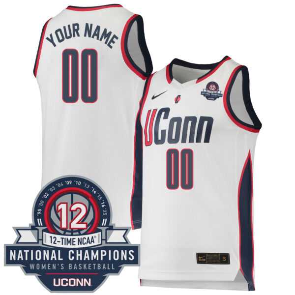 Custom UConn Huskies Women's Basketball White Jersey w/ 12-Time National Champs Patch - All Stitched