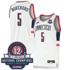 Paige Bueckers UConn Huskies Women's Basketball White Throwback Jersey w/ 12-Time National Champs Patch - All Stitched