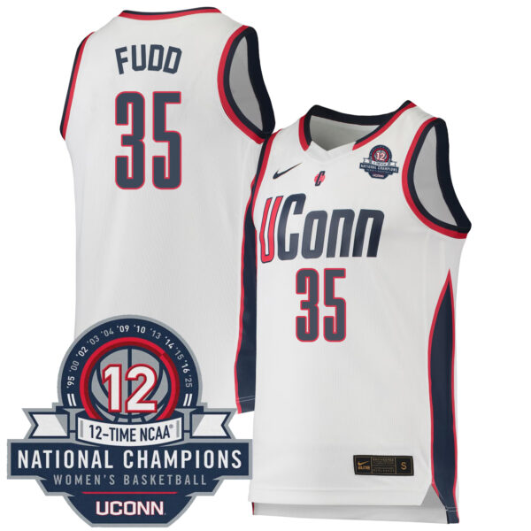 Azzi Fudd UConn Huskies Women's Basketball White Jersey w/ 12-Time National Champs Patch - All Stitched