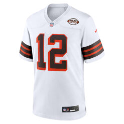 Alternative view of Shedeur Sanders Cleveland Browns White 1946 Throwback Game Jersey - All Stitched