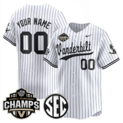 Vanderbilt Commodores Baseball White Pinstripe 2025 SEC Tournament Champs Jersey - All Stitched
