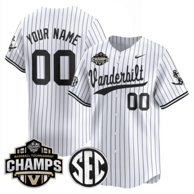 Vanderbilt Commodores Baseball White Pinstripe 2025 SEC Tournament Champs Jersey - All Stitched