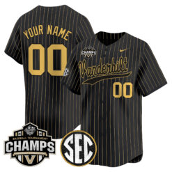 Vanderbilt Commodores Baseball Black Pinstripe 2025 SEC Tournament Champs Jersey - All Stitched