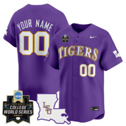 Custom LSU Tigers Baseball Purple 2025 College World Series Bound Jersey - All Stitched