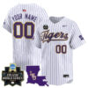 Custom LSU Tigers Baseball White Pinstripe 2025 College World Series Bound Jersey - All Stitched