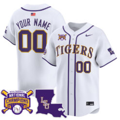 Custom LSU Tigers Baseball White 2025 College World Series Champions Jersey - All Stitched