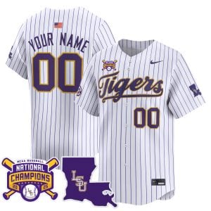 Custom LSU Tigers Baseball White Pinstripe 2025 College World Series Champions Jersey - All Stitched