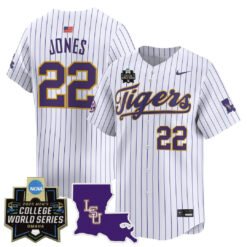 Jared Jones LSU Tigers Baseball White Pinstripe 2025 College World Series Bound Jersey - All Stitched