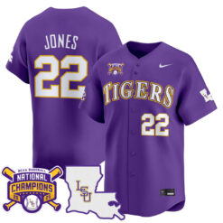 Jared Jones LSU Tigers Baseball Purple 2025 College World Series Champions Jersey - All Stitched