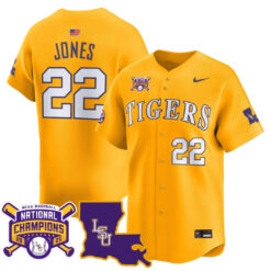 Jared Jones LSU Tigers Baseball Gold 2025 College World Series Champions Jersey - All Stitched