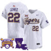 Jared Jones LSU Tigers Baseball White Pinstripe 2025 College World Series Champions Jersey - All Stitched