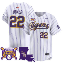 Jared Jones LSU Tigers Baseball White Pinstripe 2025 College World Series Champions Jersey - All Stitched