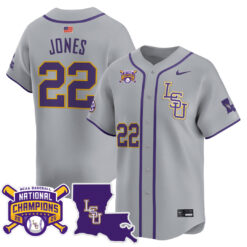 Jared Jones LSU Tigers Baseball Grey 2025 College World Series Champions Jersey - All Stitched