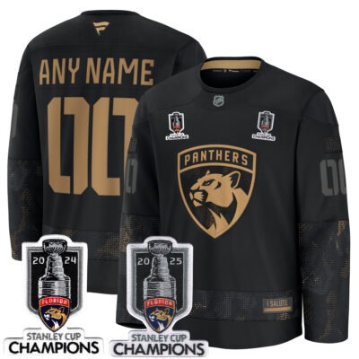 Custom Florida Panthers Stanley Cup Back 2 Back Champions Black 2024 Military Appreciation Jersey - All Stitched