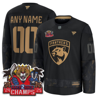 Custom Florida Panthers Stanley Cup Back 2 Back Champions Black 2024 Military Appreciation Jersey - All Stitched