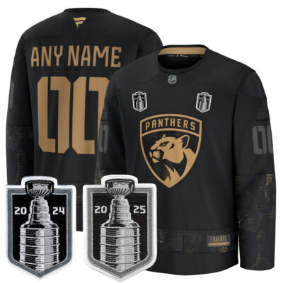 Custom Florida Panthers Stanley Cup Back 2 Back Champions Black 2024 Military Appreciation Jersey - All Stitched