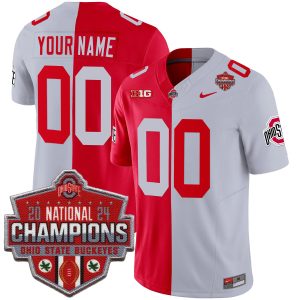 Custom Ohio State Buckeyes Football Scarlet Grey Split 2024 CFP Champions Jersey - All Stitched