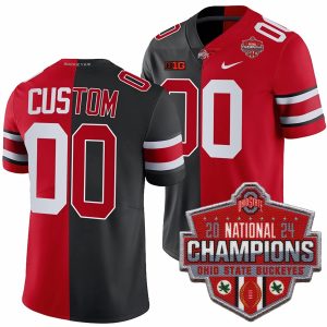 Custom Ohio State Buckeyes Football Scarlet Black Split 2024 CFP Champions Jersey - All Stitched