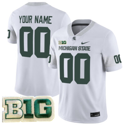 Custom Michigan State Spartans Football White Game Jersey w/ B1G Patch - All Stitched