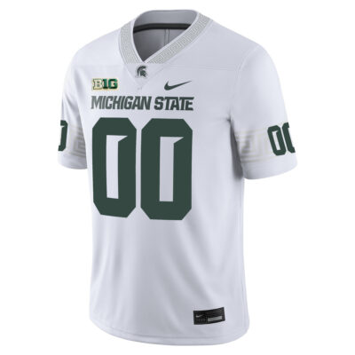 Alternative view of Custom Michigan State Spartans Football White Game Jersey w/ B1G Patch - All Stitched