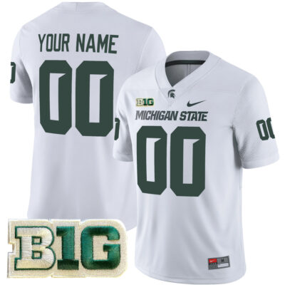 Custom Michigan State Spartans Football White Alternate Game Jersey w/ B1G Patch - All Stitched