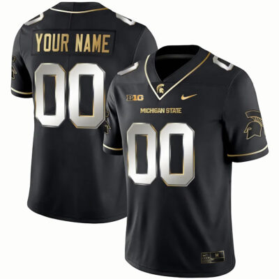 Custom Michigan State Spartans Football Black Gold Jersey w/ B1G Patch - All Stitched
