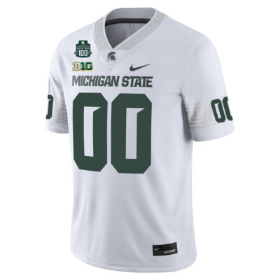 Alternative view of Custom Michigan State Spartans Football White Game Jersey w/ 100th Spartan Stadium Patch - All Stitched