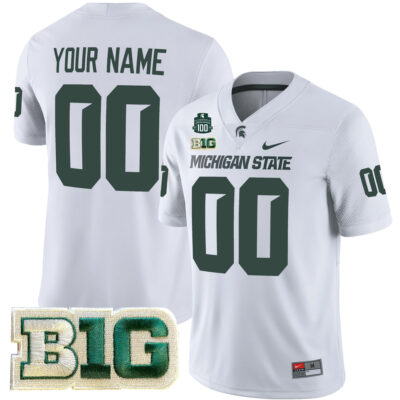 Custom Michigan State Spartans Football White Alternate Game Jersey w/ 100th Spartan Stadium Patch - All Stitched